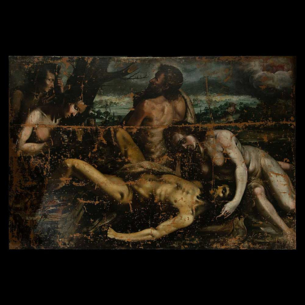 Monumental María Magdalena junto a María ante Cristo yacente, Baltasar de Echave Ibía (ca. 1558 - ca. 1623), escuela colonial mexicana de los Echave del siglo XVII, Virreinato de Nueva España, actual México.
