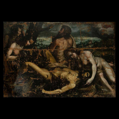 Monumental María Magdalena junto a María ante Cristo yacente, Baltasar de Echave Ibía (ca. 1558 - ca. 1623), escuela colonial mexicana de los Echave del siglo XVII, Virreinato de Nueva España, actual México.