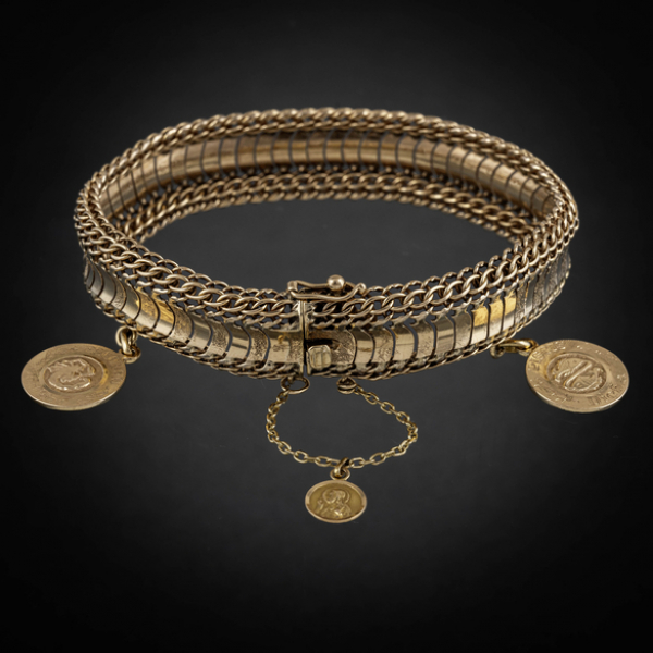 Pulsera articulada con dos medallas del signo del zodiaco en oro amarillo de 18 kt.