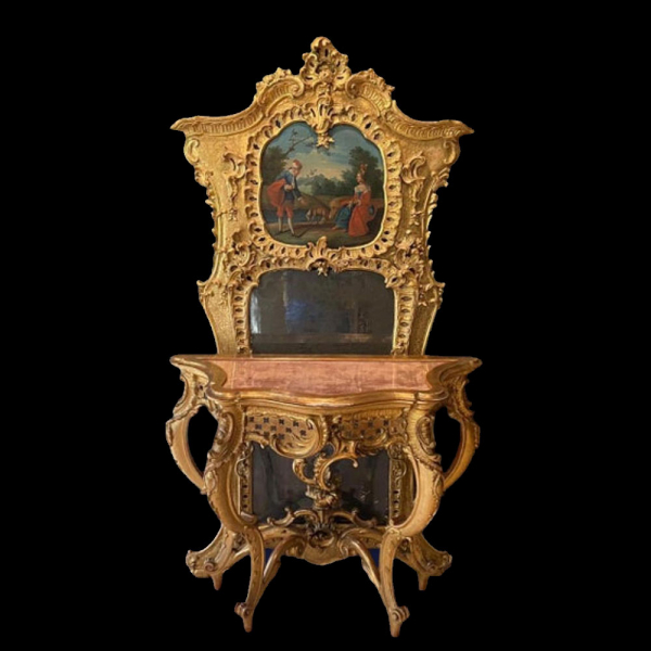 Importante espejo y consola franceses Rococó original de 1760/70, siglo XVIII.