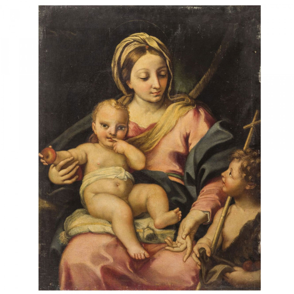 Atribuido a Carlo Maratti (1625-1713) - Virgen con el Niño y San Juanito, Escuela italiana del siglo XVII.   Óleo sobre lienzo