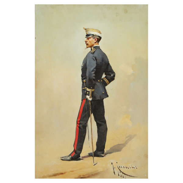 Josep Cusachs Cusachs (Montpellier, Francia, 1851-Barcelona, 1908) Oficial condecorado con sable, fusta y espuelas. Óleo sobre tela. Firmado y fechado en 1887.