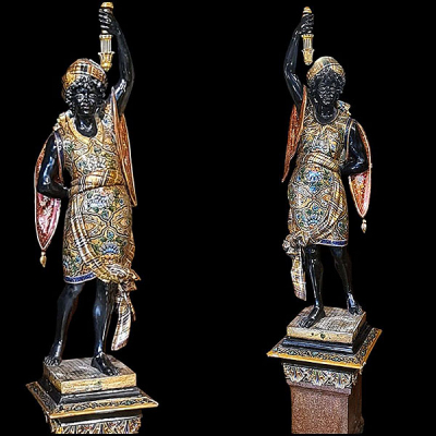 Importante pareja de torcheros venecianos en madera policromada, Italia, siglo XIX.