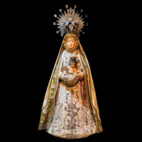 "Virgen del Roc&iacute;o con Ni&ntilde;o y Corona Peruana". Escuela Espa&ntilde;ola. Siglo XX.    