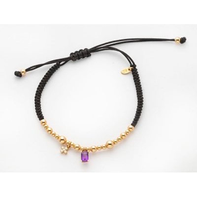 Pulsera corredera negra con decoración de bolas en oro rosa, colgante con amatista