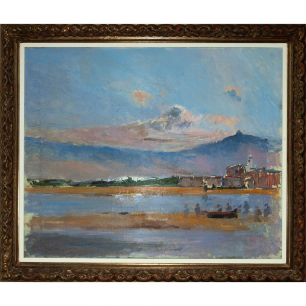 Eliseo Meifren "Amanecer en Cadaqués" (Barcelona, 1859-1940).  Óleo sobre lienzo.