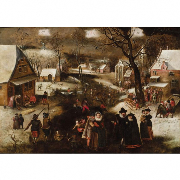 Atribuído a David Vinckboons.  "Escena costumbrista invernal". Óleo sobre tabla.