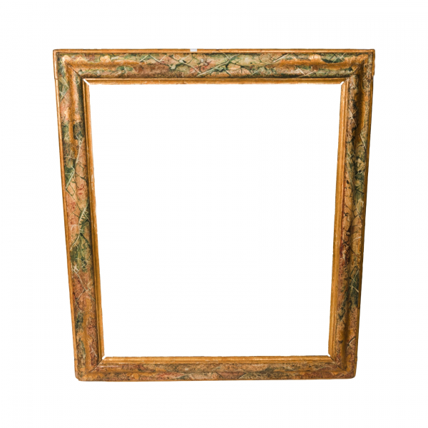 Marco italiano en madera modulada y dorada con decoraci&oacute;n policromada de marmoleado, mediados del s.XVII.