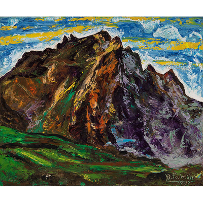 BENJAMÍN PALENCIA   (Barrax, Albacete 1900 - Madrid 1990)  &quot;Pico de Untzillaitz y Peñas de Atxarte, Valle de Atxondo&quot;  Firmado: B. Palencia 1971.  Óleo / Lienzo  
