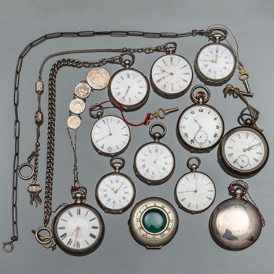 Conjunto de once relojes de bolsillo en plata del siglo XIX