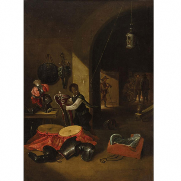 David Teniers El Joven (1610 - 1690) "Sala de armas". Óleo sobre lienzo. Firmado en el ángulo inferior derecho.