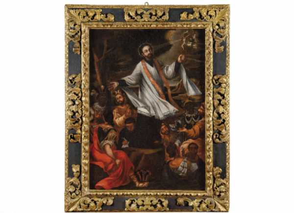 ATRIBUIDO A JUAN SINCHI ROCA, ESCUELA CUZQUEÑA, FF. S. XVII.  San Francisco Javier predicando a los indios.   Óleo sobre lienzo.