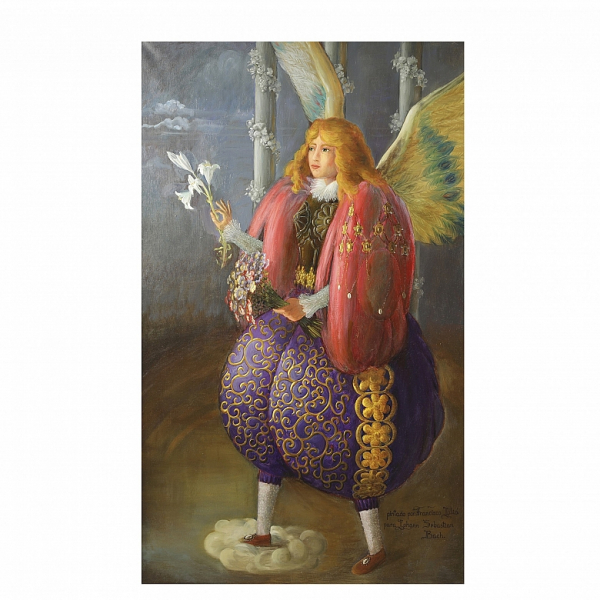 Francisco Juliá (s.XX) "Arcángel con lirios". Técnica mixta sobre lienzo. Firmado y dedicado "Pintado por Francisco Juliá para Johann Sebastian Bach".