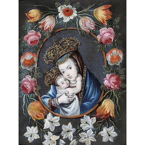 ESCUELA ESPAÑOLA S. XVII   "Virgen con orla de flores". Óleo sobre tabla.