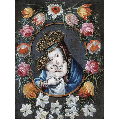 ESCUELA ESPAÑOLA S. XVII   &quot;Virgen con orla de flores&quot;. Óleo sobre tabla.