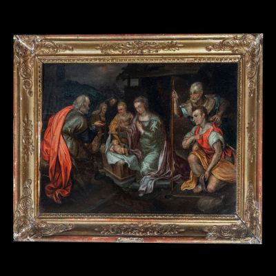 ATRIBUCIÓN A JUAN BAUTISTA MAÍNO (1581-1649), ADORACIÓN DE PASTORES - Óleo sobre tabla, siglo XVII