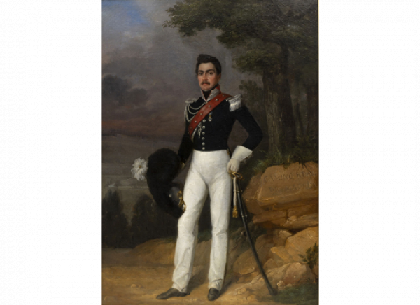 ATRIBUIDO A RAFAEL TEGEO DÍAZ (Caravaca de la Cruz, 1798 - Madrid, 1856).  Retrato de alférez del Regimiento de Coraceros a Caballo de la Guardia Real,  ca. 1834-1835.  