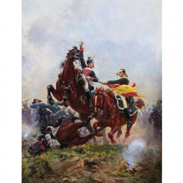 Juan Antonio Benlliure. "Carga de caballería (1884)". Óleo sobre lienzo. Firmado 