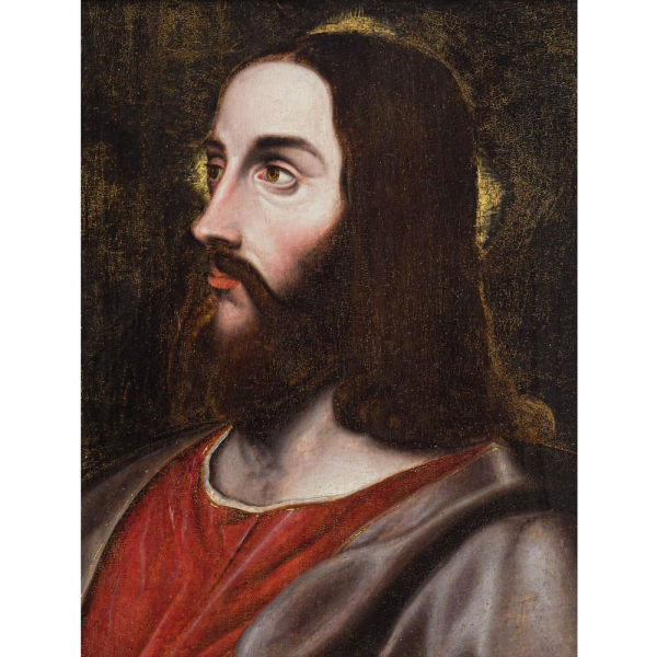 Tiziano Vecellio y Taller (Pieve di Cadore, 1490 – Venecia, 1576) "Cristo Salvatore".  Óleo sobre tabla.