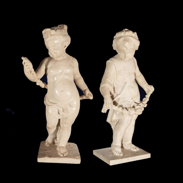 Preciosa y Pareja de Cupidos en Mármol a tamaño natural como Alegorías de la Primavera y el amor, siglo XIX, Italia. 