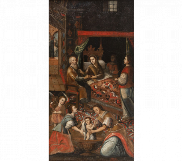 VIRREINATO DEL PERÚ, FF. SIGLO XVII PP. SIGLO XVIII Nacimiento de la Virgen   Óleo sobre lienzo. 