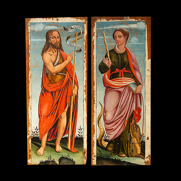 Atribuídos a la escuela Ítalo-Valenciana de PAOLO DE SAN LEOCADIO (Reggio Emilia, 1447-Valencia, 1519) - San Juan Bautista y María Magdalena sobre tabla.