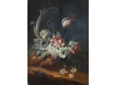 BENITO ESPINÓS (Valencia, 1748- 1818) Florero de rosas, lirios, anémonas y otras florecillas sobre una piedra en un paisaje