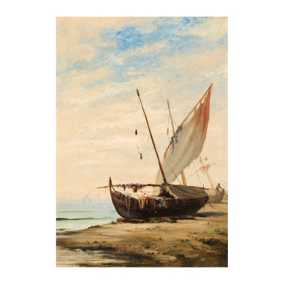 Modest Urgell Inglada (Barcelona, 1839-1919) Barcas en la playa. Óleo sobre tela. Sin firmar.
