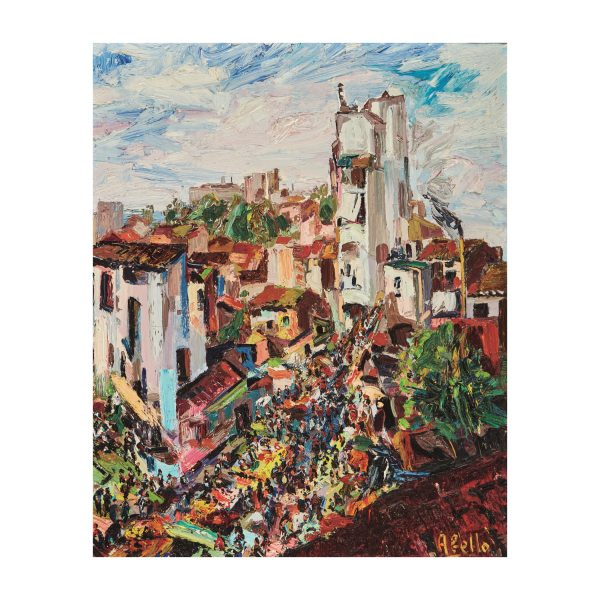 Joan Abelló Prat (Mollet del Vallès, Barcelona, 1922-Barcelona, 2008) El mercat de Mollet des d’un terrat. Óleo sobre tela. Firmado.