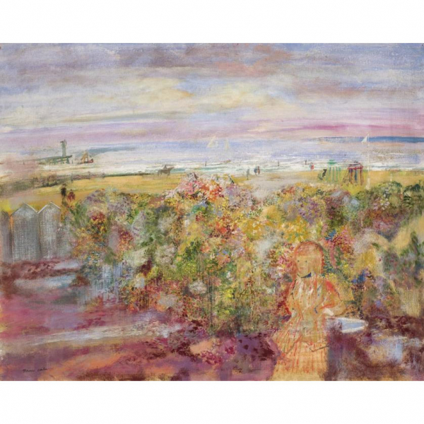 Emilio Grau Sala.    "Playa y flores de Normandia (1973)". &Oacute;leo sobre lienzo. Firmado