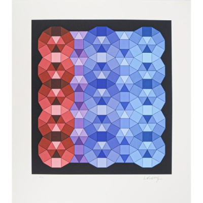 Victor Vasarely (Hungria 1908-1997)  Composici&oacute;n cin&eacute;tica en rojo, negro y morado.  Serigraf&iacute;a sobre papel. Firmada y justificada H.C. a l&aacute;piz.
