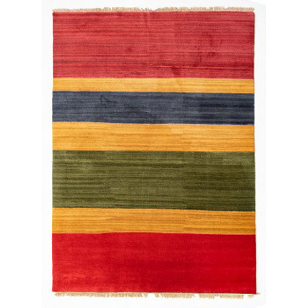 Alfombra de lana con decoración a rayas en tonos rojos, verdes, azules y amarillos. Italia.