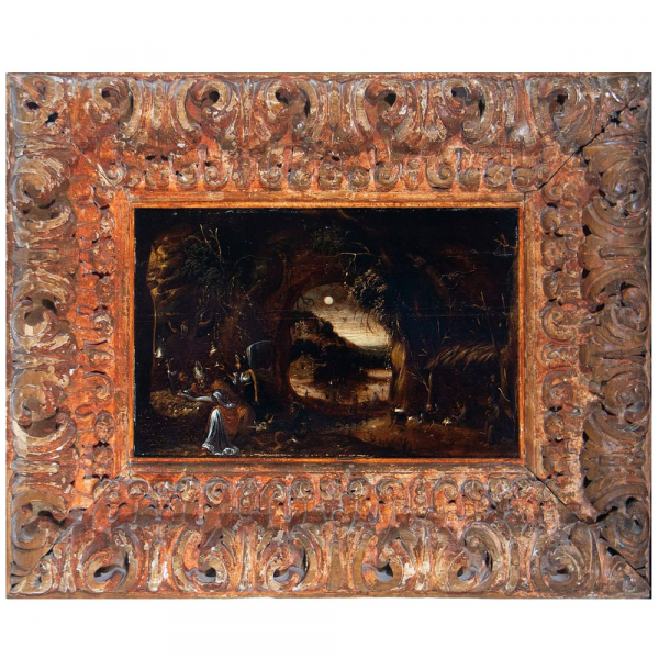 "Paisaje con San Nicolás en Lectura" de la Escuela Flamenca del siglo XVI - XVII.    Óleo sobre tabla