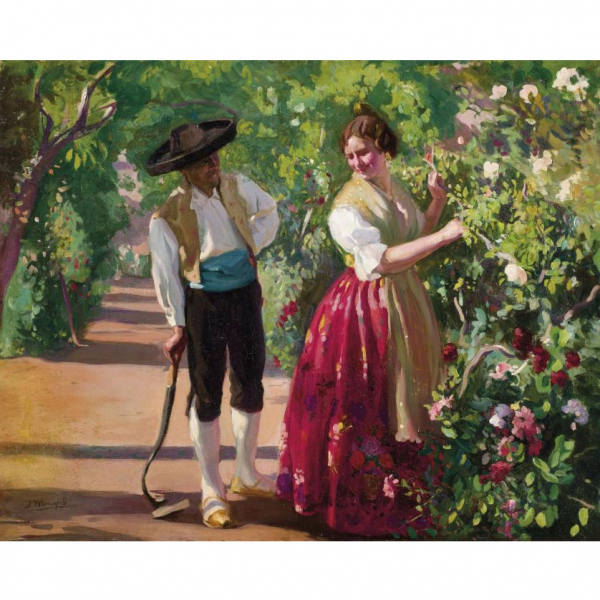 José Mongrell Torrent  (1860 - 1937)   "Galanteo valenciano". Óleo sobre lienzo.