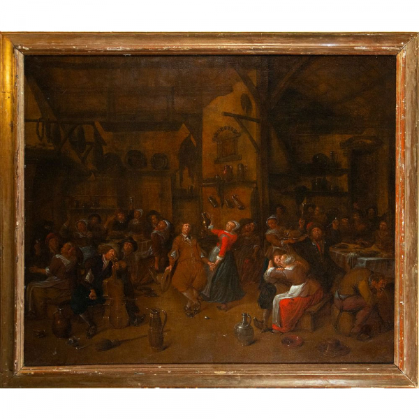 &quot;Interior de taberna con figuras&quot; Escuela flamenca. Siglo XVII.    Óleo sobre lienzo.