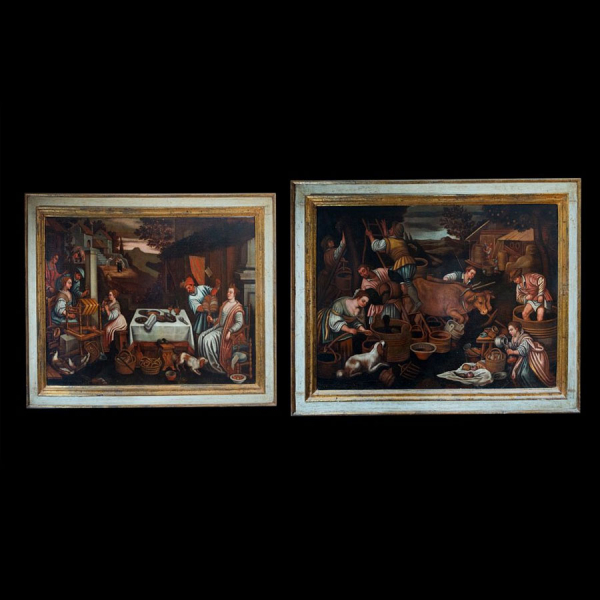 Seguidor de FRANCESCO BASSANO EL JOVEN (Bassano del Grappa, 1549 - Venecia, 1592) &quot;Pareja de alegorías de los meses del año Julio (Leo) y Septiembre (Libra)&quot; Siglo XVII.  