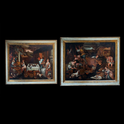 Seguidor de FRANCESCO BASSANO EL JOVEN (Bassano del Grappa, 1549 - Venecia, 1592) &quot;Pareja de alegorías de los meses del año Julio (Leo) y Septiembre (Libra)&quot; Siglo XVII.  