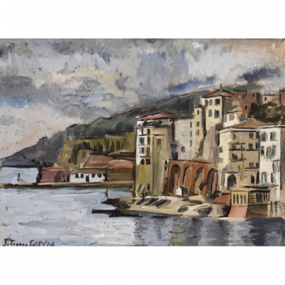 Joaqu&iacute;n Torres Garc&iacute;a. "Vilefranche -sur-Mer". &Oacute;leo sobre lienzo. Firmado 