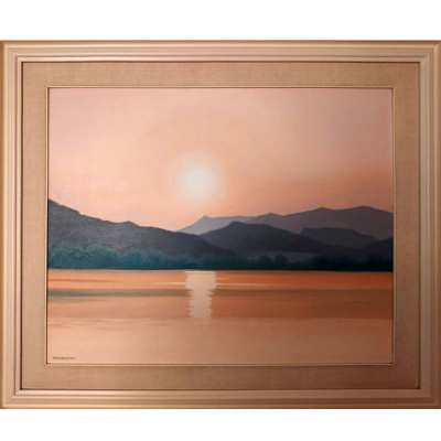 Casademont le vieux (Barcelona 1923 - Girona, 2007). Posta de sol damunt l&#039;estany (1983).   Óleo sobre lienzo firmado