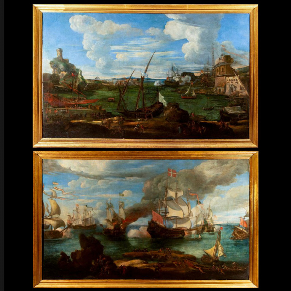 Escuela Genovesa del siglo XVIII - Pareja de escenas portuarias con naumaquias.