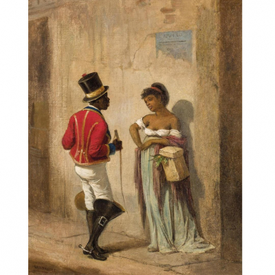 Victor Patricio Landaluze.   &quot;Galanteo cubano&quot;. Óleo sobre lienzo. Firmado en el ángulo inferior izquierdo.