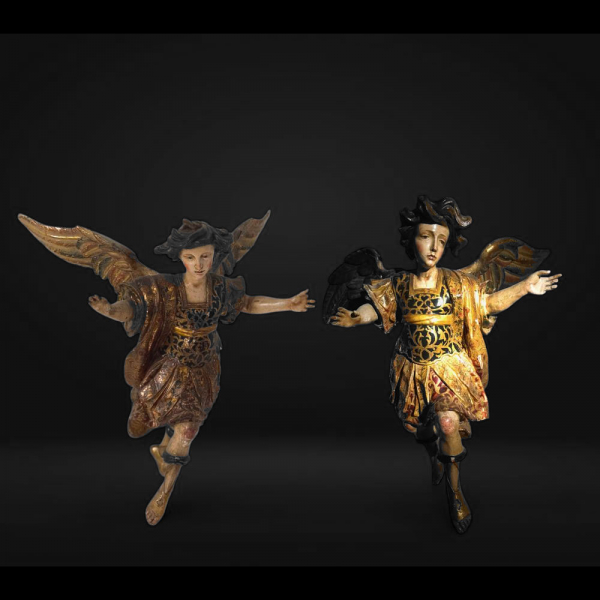 Manuel de Chili "Caspicara" (Quito, 1723 - 1796). Pareja de &aacute;ngeles.    Madera tallada, policromada, dorada y estofada.