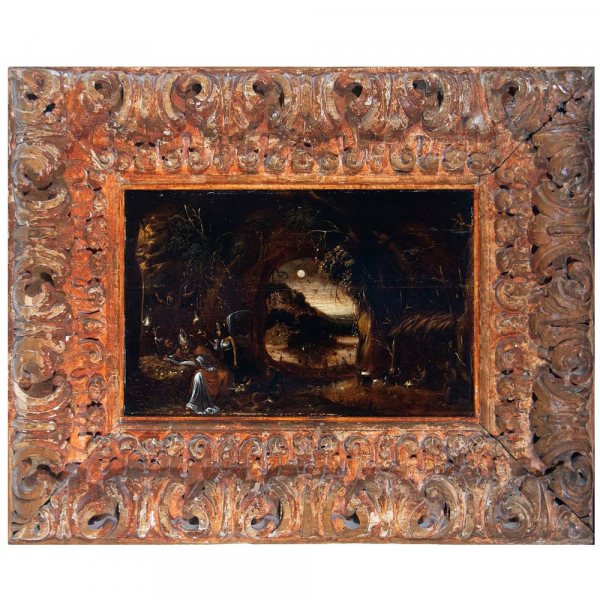 Paisaje con San Nicolás en Lectura, escuela Flamenca del siglo XVI - XVII.   Óleo sobre tabla