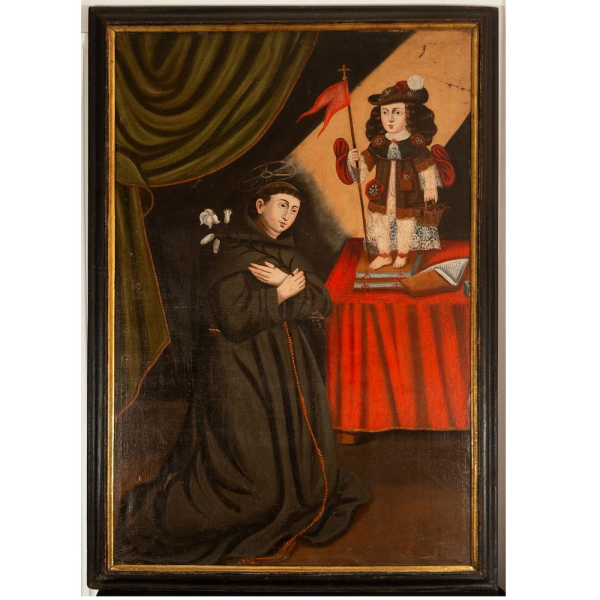"San Antonio de Padua con el ' Santo Menino' Jes&uacute;s" Escuela Colonial Portuguesa, siglos XVII-XVIII.   &Oacute;leo sobre lienzo.