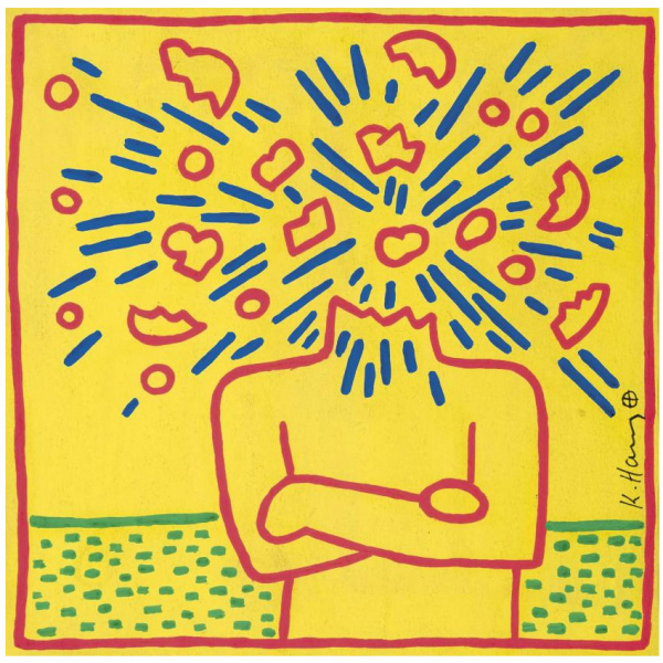 Keith Haring.  "Sin t&iacute;tulo (1985)". T&eacute;cnica mixta sobre papel. Firmado 