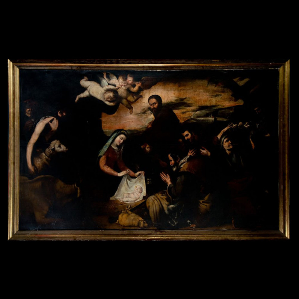Importante Adoración de Pastores, versión de Taller de José de Ribera, Escuela Napolitana del siglo XVII.  