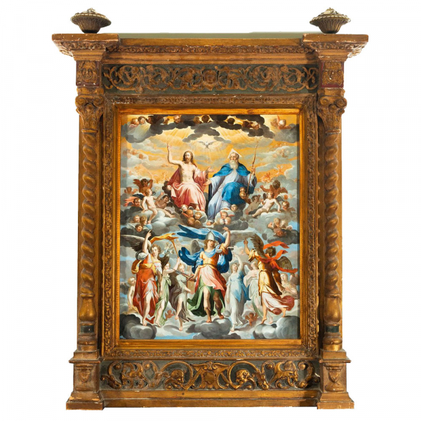 &quot;Arcángel San Miguel Rodeado de Ángeles frente a Dios Padre, Jesucristo y el Espíritu Santo&quot; a la manera de Bernardo Bitti. Escuela Colonial Peruana (posiblemente), siglo XVII.  