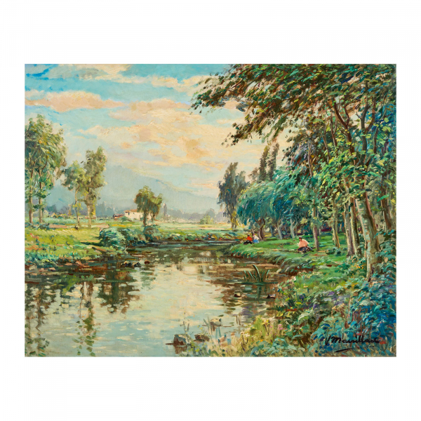 Joaquim Marsillach Codony (Olot, Girona, 1905-1986) Paisaje fluvial con personajes. Óleo sobre tela. Firmado.