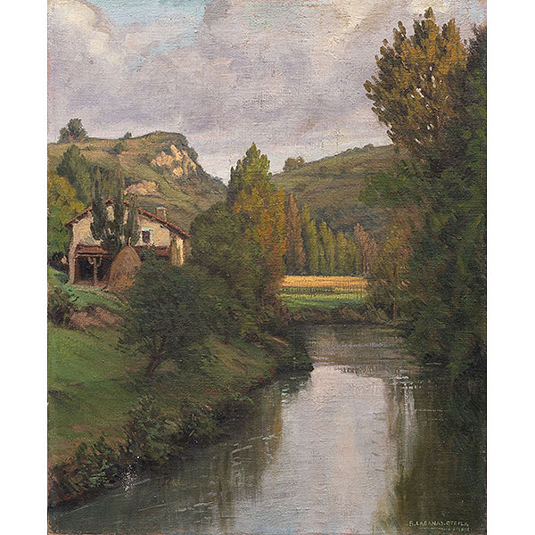"Paisaje con caserío y río"   ÁNGEL CABANAS OTEIZA (Guipúzcoa, 1875-1964)  
