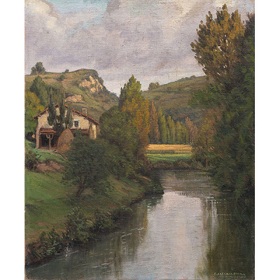 &quot;Paisaje con caserío y río&quot;   ÁNGEL CABANAS OTEIZA (Guipúzcoa, 1875-1964)  